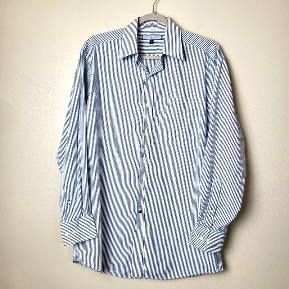 Tommy Hilfiger Men's Dress Shirt Blue White Stripe Long Sleeve Size 15 Medium - Picture 1 of 10